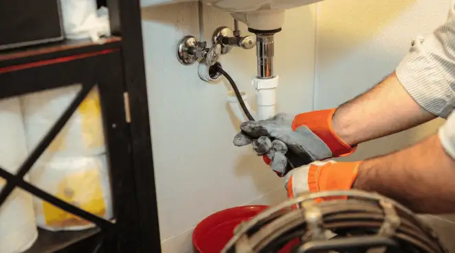 Drain cleaning technician using a motorized plumbing snake to clear a clogged sink pipe in Erie, PA